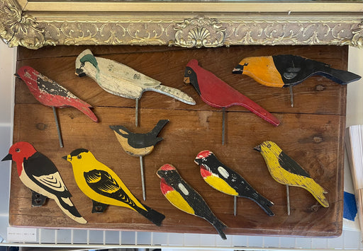 Set of 10 Mid-20th Century Hand-Painted Folk Art Mostly Wooden Bird Silhouettes on Metal Rods