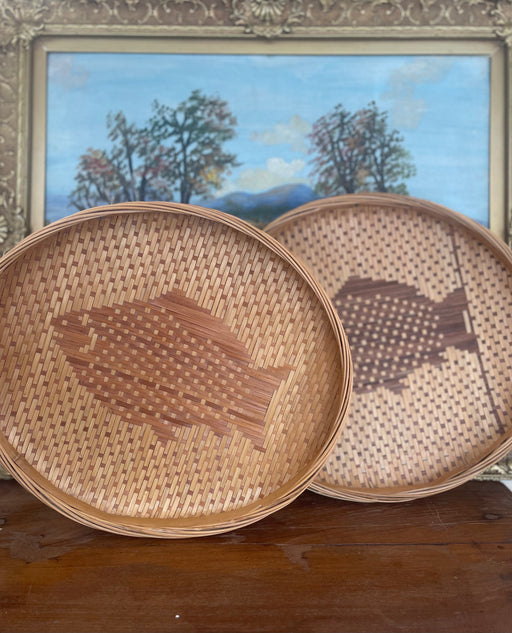 Set of 2 Vintage Woven Possibly Bamboo Trays with Fish Motif - Asian Decorative Wall Baskets or Serving Trays