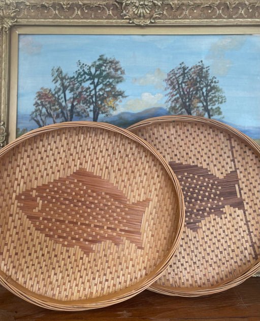 Set of 2 Vintage Woven Possibly Bamboo Trays with Fish Motif - Asian Decorative Wall Baskets or Serving Trays