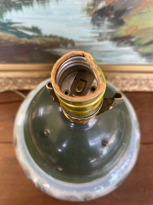 Signed Studio Pottery Ceramic Table Lamp with Crystalline Glaze and Moss Green Cap, Mid-20th Century Style