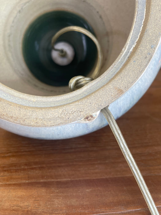 Signed Studio Pottery Ceramic Table Lamp with Crystalline Glaze and Moss Green Cap, Mid-20th Century Style