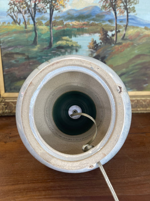 Signed Studio Pottery Ceramic Table Lamp with Crystalline Glaze and Moss Green Cap, Mid-20th Century Style