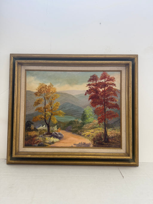 Signed Vintage Framed Scenic Landscape Oil Painting featuring Trees, Mountain Path, Rustic Wall Art, Mid Century Modern Style Original Nature Artwork