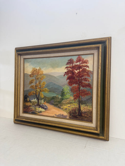 Signed Vintage Framed Scenic Landscape Oil Painting featuring Trees, Mountain Path, Rustic Wall Art, Mid Century Modern Style Original Nature Artwork