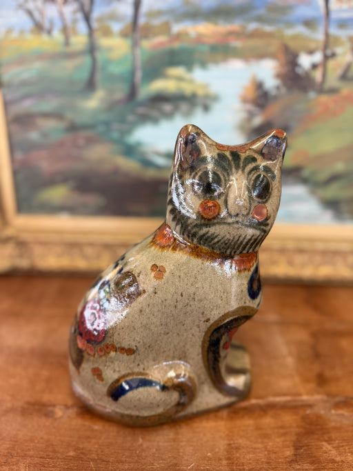 Signed Vintage Mud Century Modern Style Mexican Folk Art Pottery Cat Hand Painted Ceramic Figurine, Studio Clay Cat Decor, Rustic Animal Sculpture