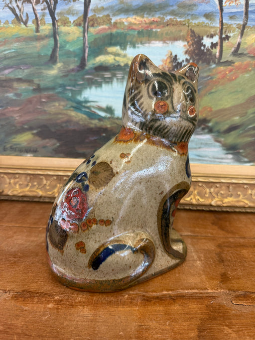 Signed Vintage Mud Century Modern Style Mexican Folk Art Pottery Cat Hand Painted Ceramic Figurine, Studio Clay Cat Decor, Rustic Animal Sculpture