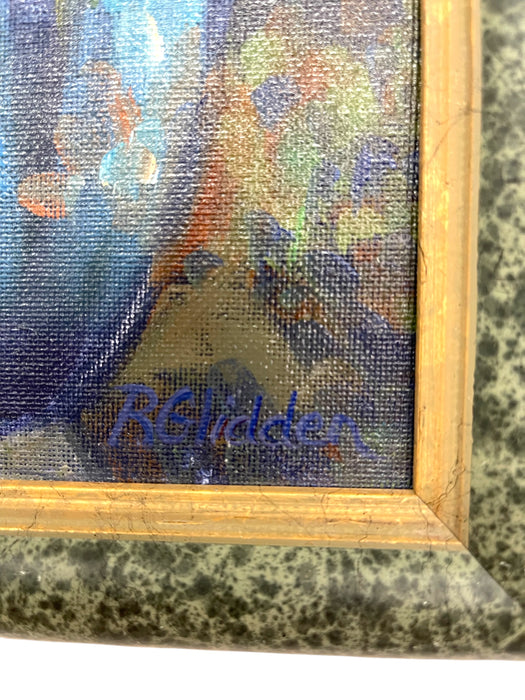 Still Life Oil Painting of Blue Planter with Flowers by R. Glidden, Framed