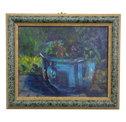Still Life Oil Painting of Blue Planter with Flowers by R. Glidden, Framed