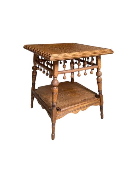 Victorian Aesthetic Movement Eastlake Style Oak Two Tier Parlor Table Stick and Ball Apron