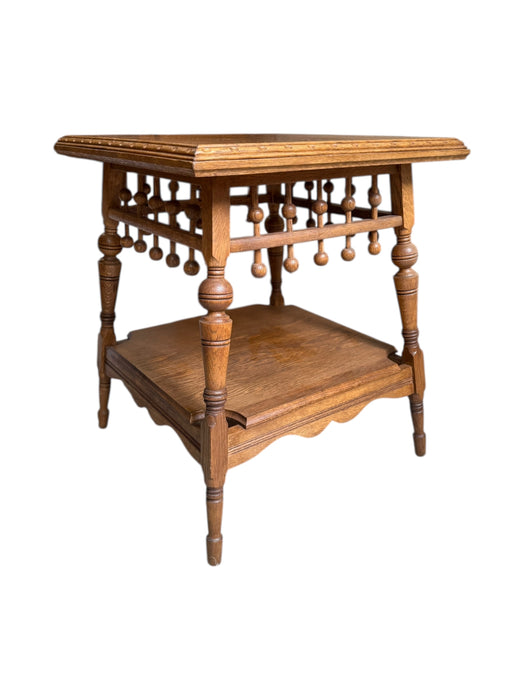 Victorian Aesthetic Movement Eastlake Style Oak Two Tier Parlor Table Stick and Ball Apron