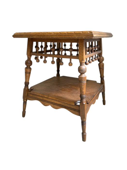 Victorian Aesthetic Movement Eastlake Style Oak Two Tier Parlor Table Stick and Ball Apron