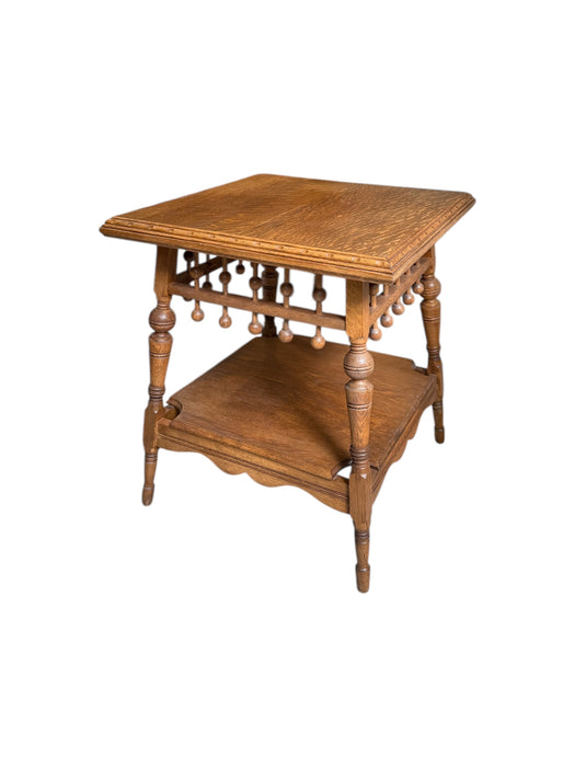 Victorian Aesthetic Movement Eastlake Style Oak Two Tier Parlor Table Stick and Ball Apron