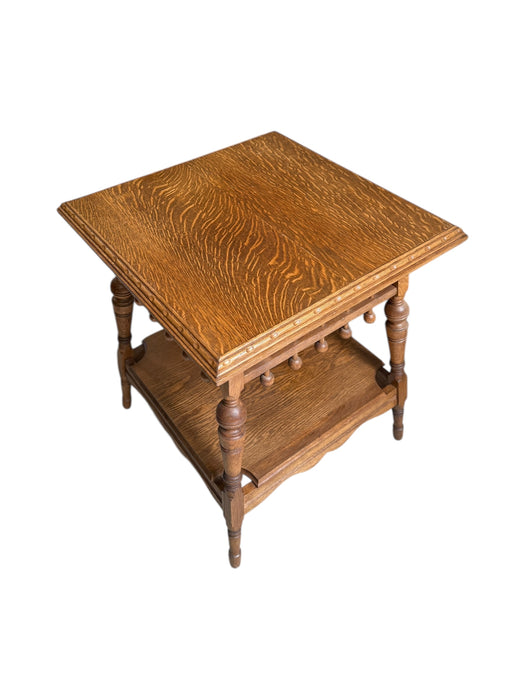 Victorian Aesthetic Movement Eastlake Style Oak Two Tier Parlor Table Stick and Ball Apron