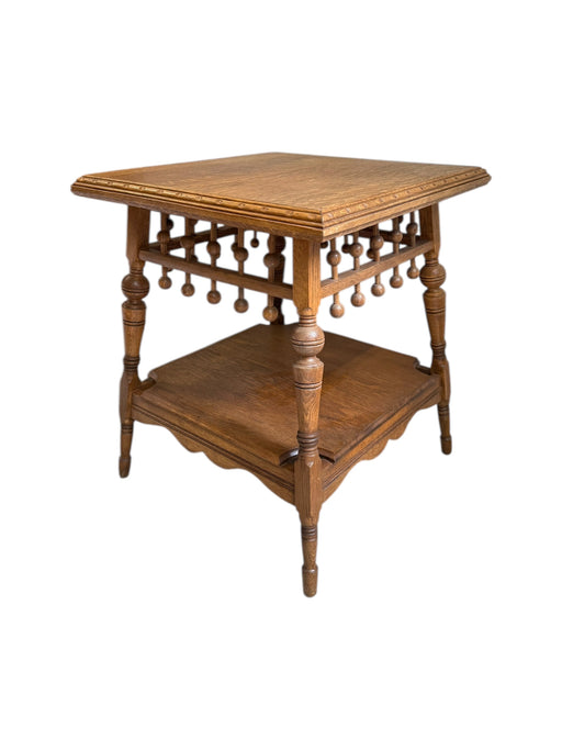 Victorian Aesthetic Movement Eastlake Style Oak Two Tier Parlor Table Stick and Ball Apron