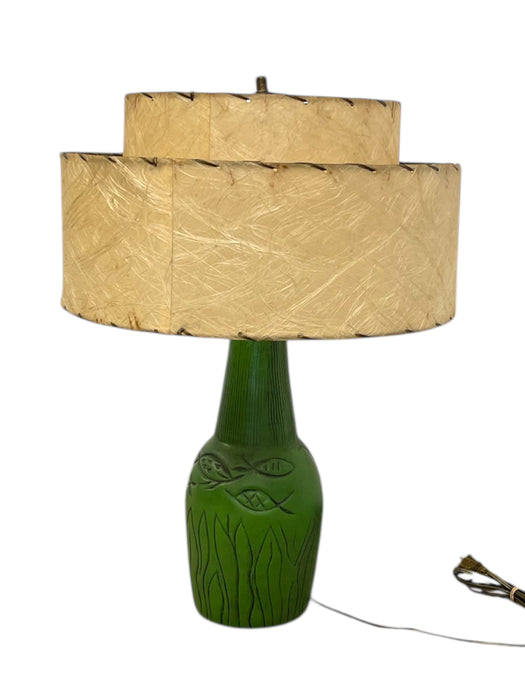 Vintage 1950s Green Ceramic-like Table Lamp with possibly Fiberglass Double Drum Shade