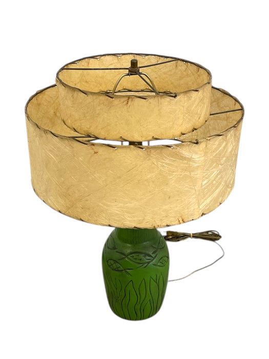 Vintage 1950s Green Ceramic-like Table Lamp with possibly Fiberglass Double Drum Shade