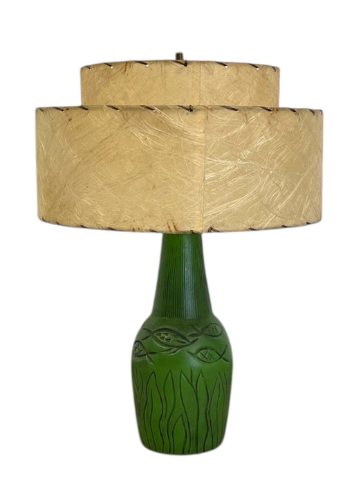 Vintage 1950s Green Ceramic-like Table Lamp with possibly Fiberglass Double Drum Shade