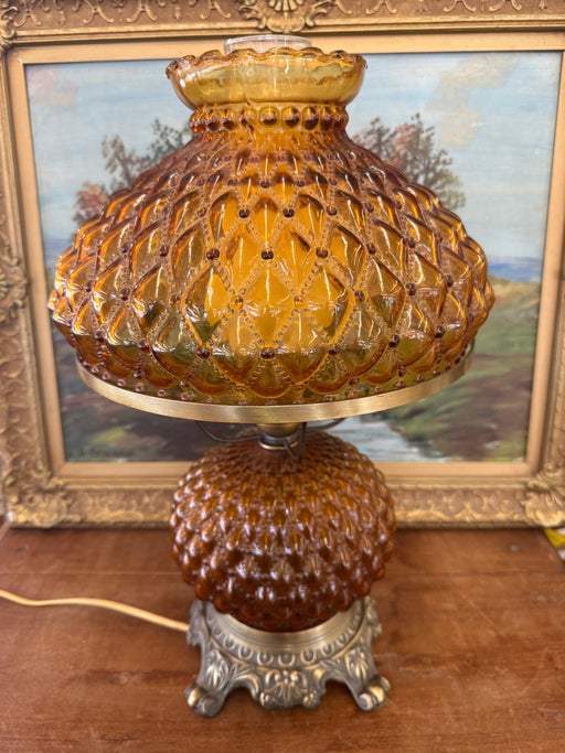 Vintage Amber Glass Hurricane Lamp with Diamond Point Hobnail Pattern with Ornate Metal Toned Base, Mid Century Modern Accent Lighting