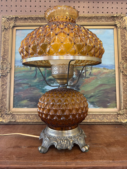 Vintage Amber Glass Hurricane Lamp with Diamond Point Hobnail Pattern with Ornate Metal Toned Base, Mid Century Modern Accent Lighting