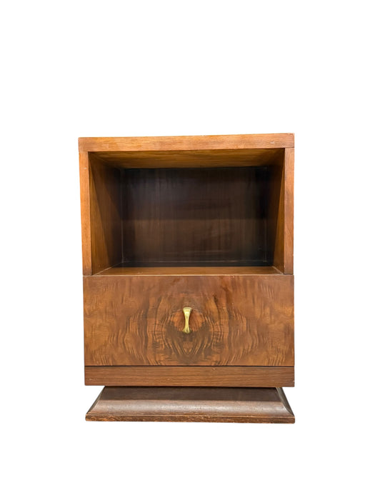 Vintage Art Deco Accent End Table With Burl Wood Veneer Accents and Original Handles and 1 Drawer