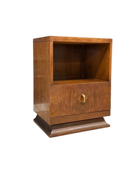 Vintage Art Deco Accent End Table With Burl Wood Veneer Accents and Original Handles and 1 Drawer
