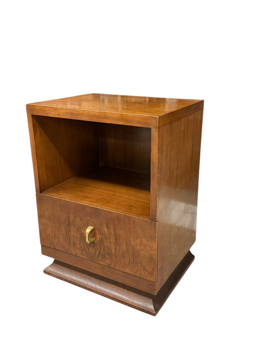 Vintage Art Deco Accent End Table With Burl Wood Veneer Accents and Original Handles and 1 Drawer