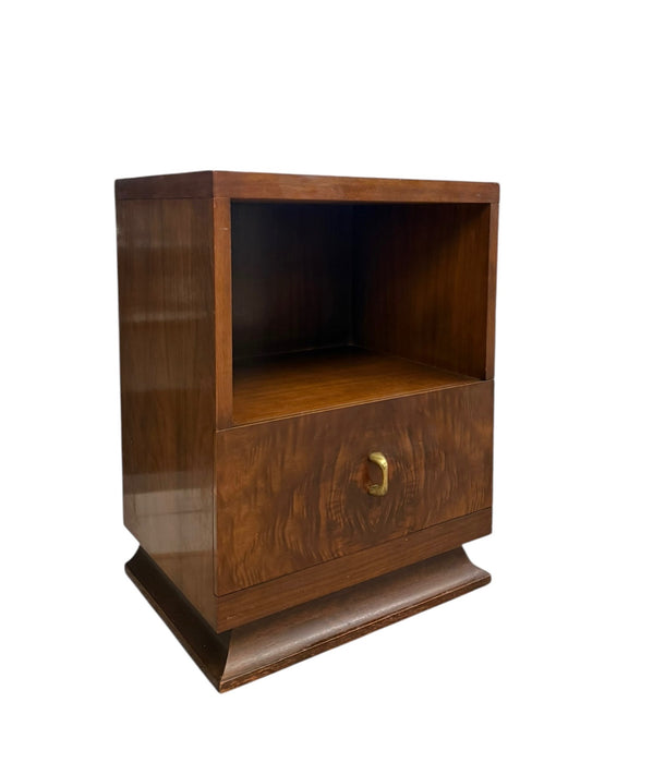 Vintage Art Deco Accent End Table With Burl Wood Veneer Accents and Original Handles and 1 Drawer