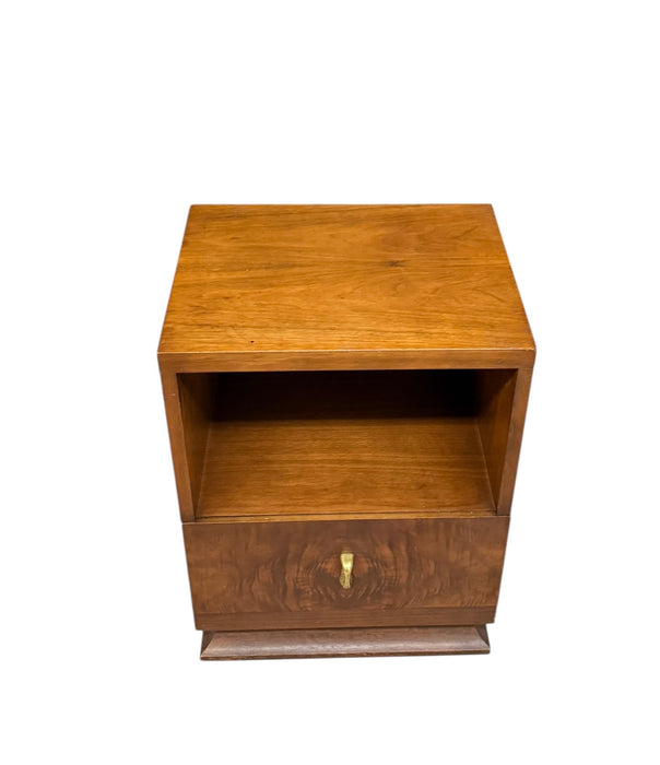 Vintage Art Deco Accent End Table With Burl Wood Veneer Accents and Original Handles and 1 Drawer