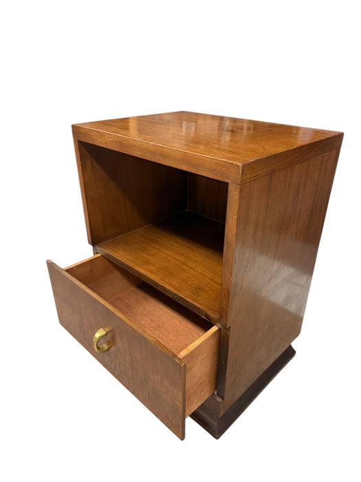 Vintage Art Deco Accent End Table With Burl Wood Veneer Accents and Original Handles and 1 Drawer