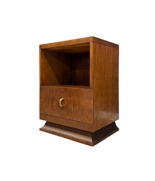 Vintage Art Deco Accent End Table With Burl Wood Veneer Accents and Original Handles and 1 Drawer