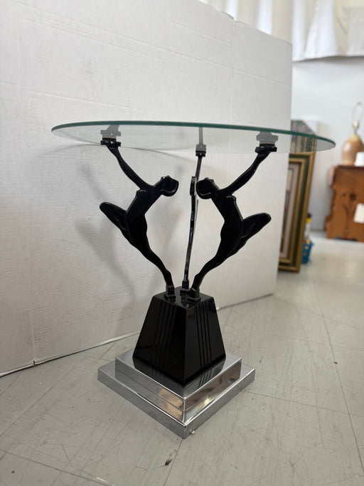 Vintage Art Deco & Frankart Style Glass Top Side Table with Black & Chrome Tone Nude Figures Sculptural Accent Table