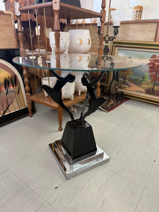 Vintage Art Deco & Frankart Style Glass Top Side Table with Black & Chrome Tone Nude Figures Sculptural Accent Table