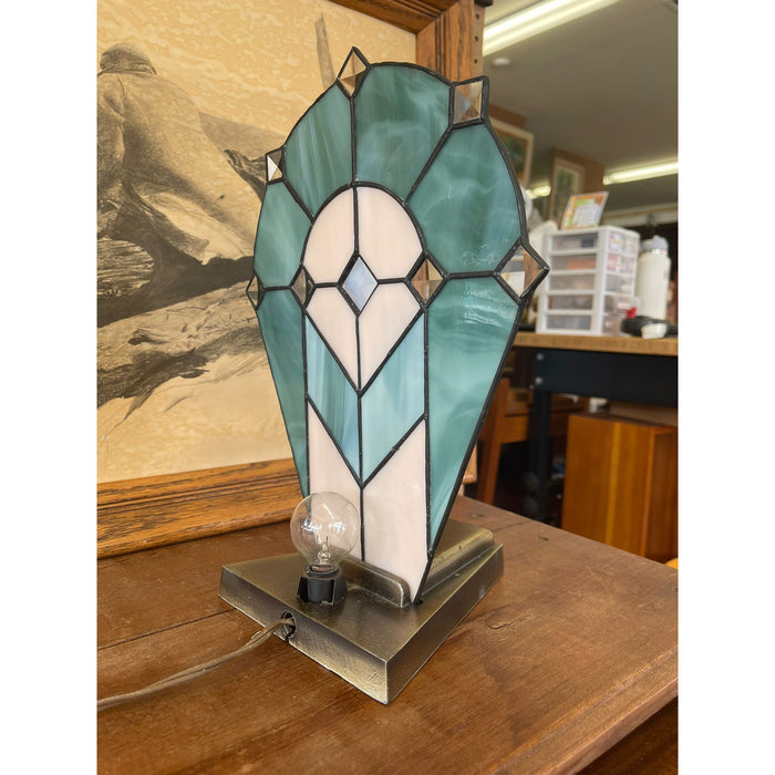 Vintage Art Deco Stained Glass Nude Figurine Blue Lamp