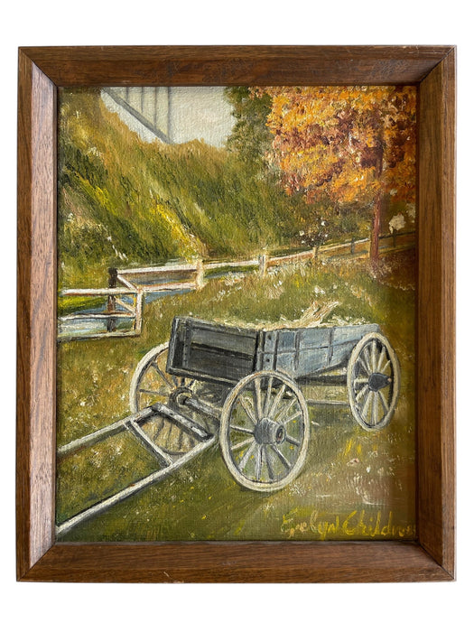 Vintage Autumn Landscape Oil Painting with Wagon by Evelyn Childress, Framed
