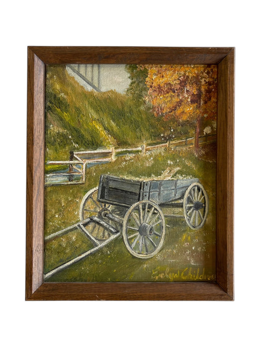 Vintage Autumn Landscape Oil Painting with Wagon by Evelyn Childress, Framed