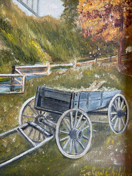 Vintage Autumn Landscape Oil Painting with Wagon by Evelyn Childress, Framed