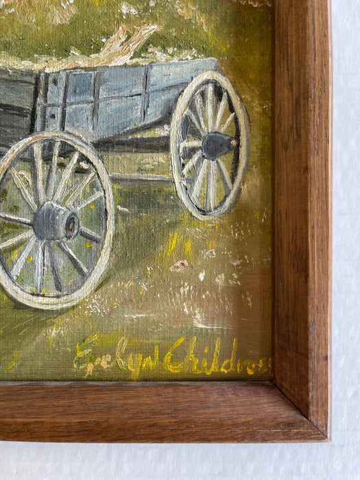 Vintage Autumn Landscape Oil Painting with Wagon by Evelyn Childress, Framed