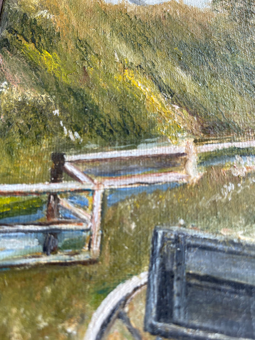 Vintage Autumn Landscape Oil Painting with Wagon by Evelyn Childress, Framed