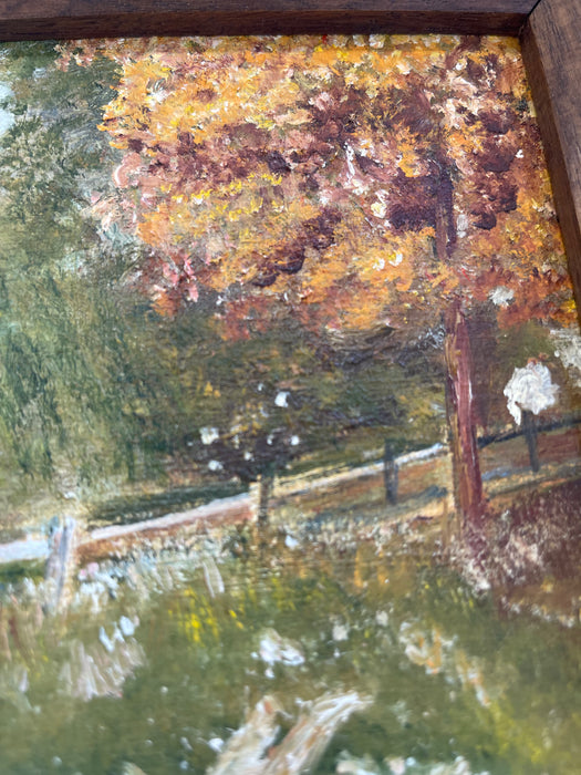 Vintage Autumn Landscape Oil Painting with Wagon by Evelyn Childress, Framed