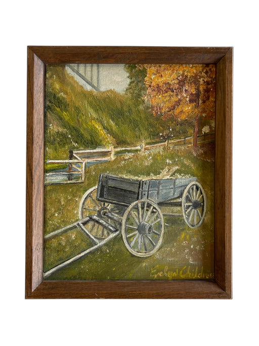 Vintage Autumn Landscape Oil Painting with Wagon by Evelyn Childress, Framed