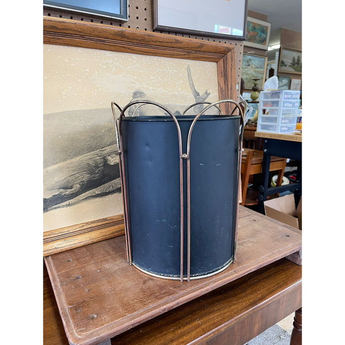 Vintage Black Trash Bin With Gold Toned Accents