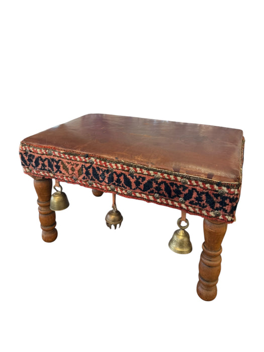 Vintage Bohemian Rustic Handcrafted Wooden Stool with Leather Seat & Brass Bells