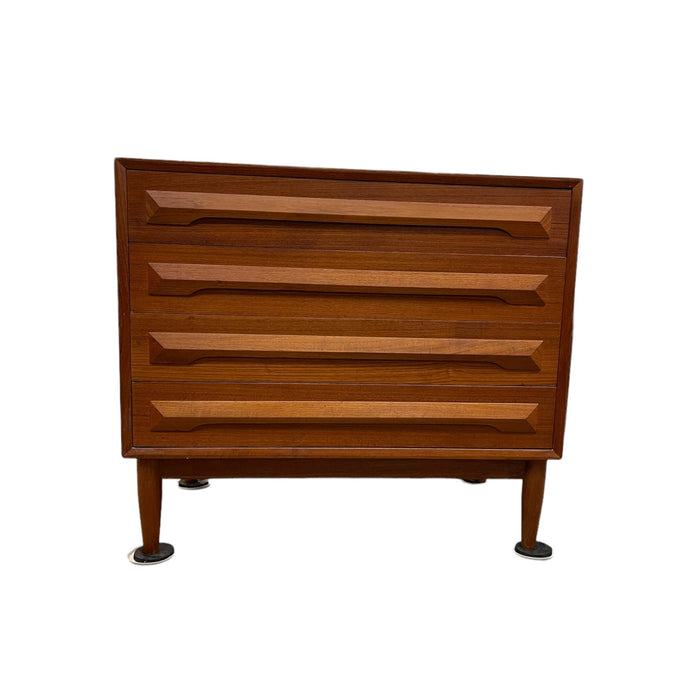 Vintage Danish Mid Century Modern 4 Drawer Teak Dresser Dovetailed Drawers With Milled Solid Wood Handles
