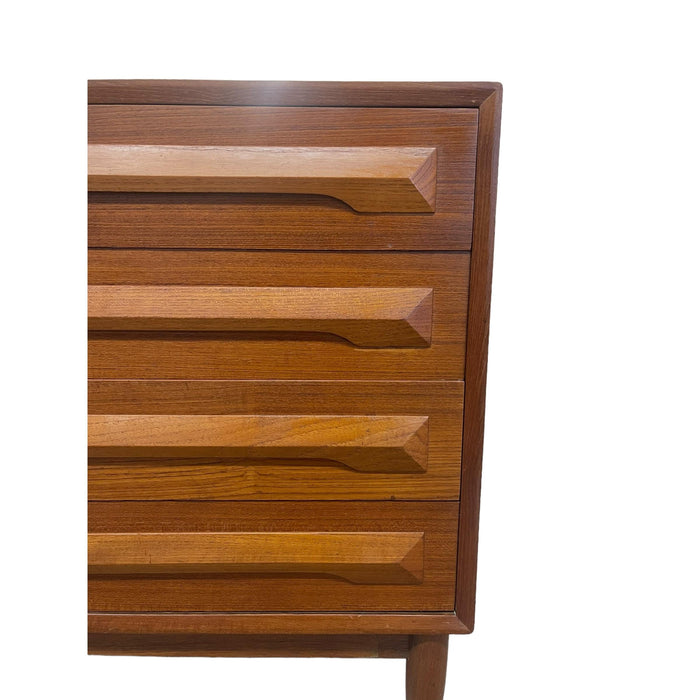 Vintage Danish Mid Century Modern 4 Drawer Teak Dresser Dovetailed Drawers With Milled Solid Wood Handles