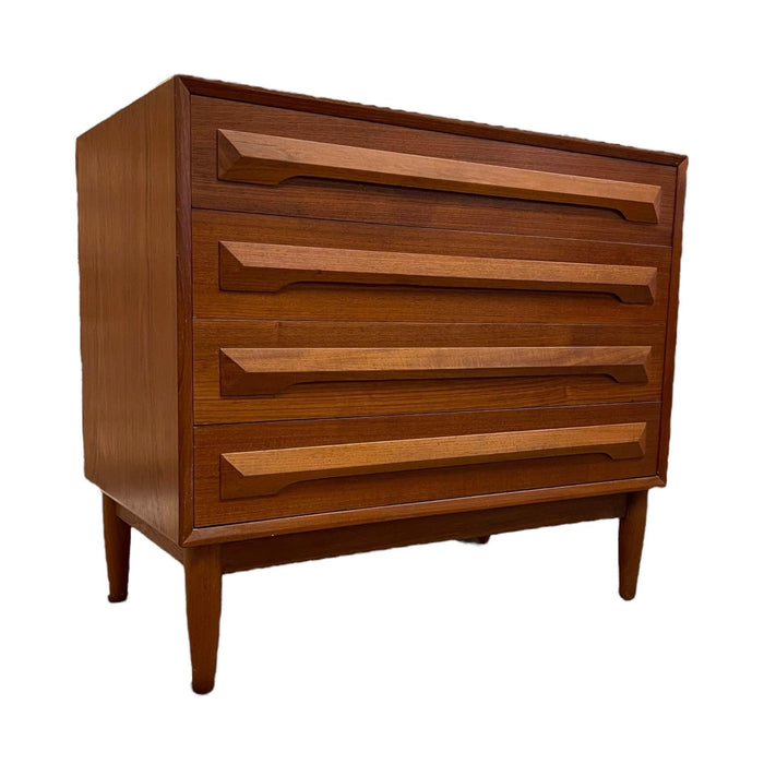 Vintage Danish Mid Century Modern 4 Drawer Teak Dresser Dovetailed Drawers With Milled Solid Wood Handles