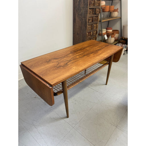 Vintage Danish Modern Coffee Table With Ornate Rosewood Grain and Wicker Shelf