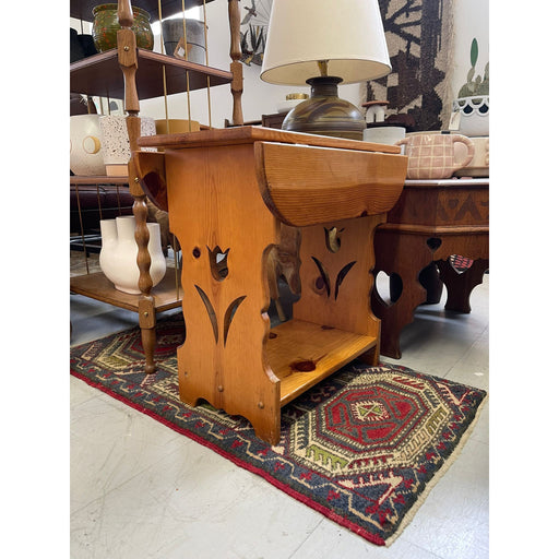 Vintage Decorative Drop Leaf End Table With Carved Tulip Cutout.