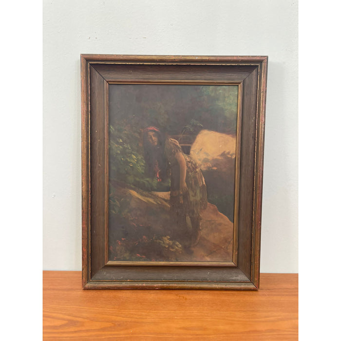 Vintage Framed Lithograph of Woman With Hand Painted Highlights