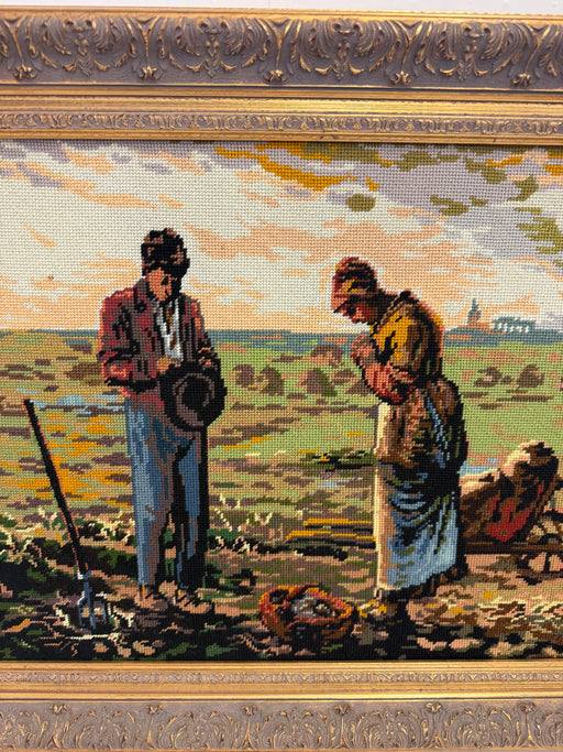 Vintage Framed Needlepoint Tapestry - The Angelus Inspired Embroidery Art - Ornate Gold Frame - Rustic Farmhouse Wall Decor