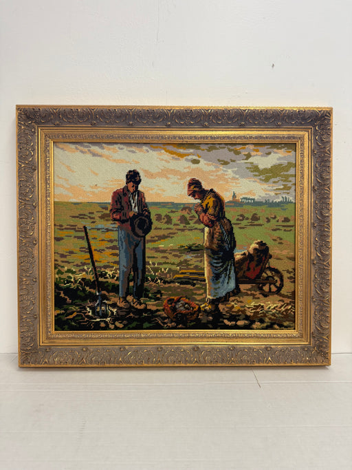 Vintage Framed Needlepoint Tapestry - The Angelus Inspired Embroidery Art - Ornate Gold Frame - Rustic Farmhouse Wall Decor